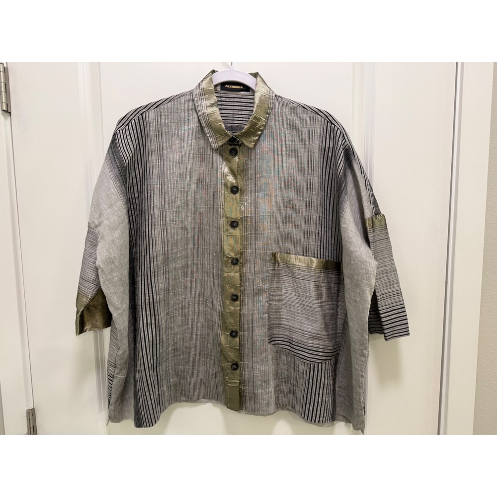 Relaxed Striped Button-Down Shirt in Light Gray and Olive - Oversized Fit